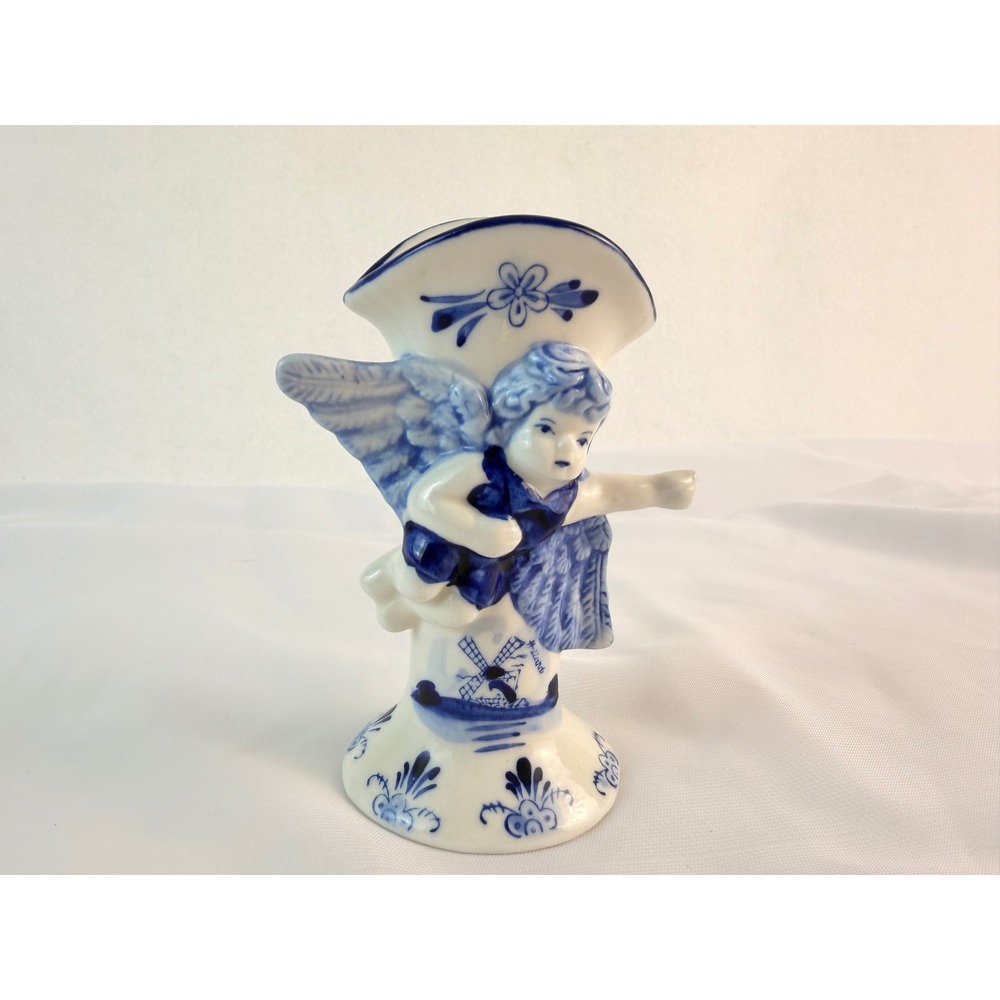 Delft Blue Handpainted Cherub Angel Bud Vase Made in Holland E.H. Porcelain